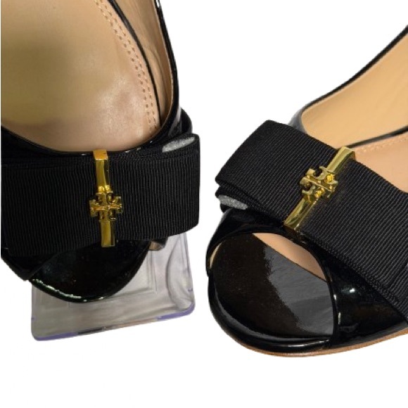 Tory Burch Patent Leather Black Bow Peep-Toe Flats - Picture 2 of 4